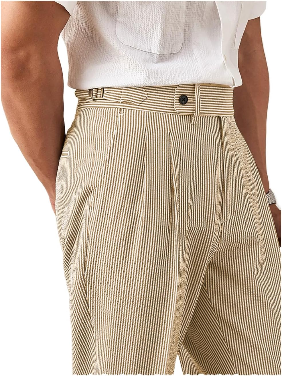 Men's Seersucker Gurkha Suit Pant Dress Casual Summer Lightweight Trousers Beach
