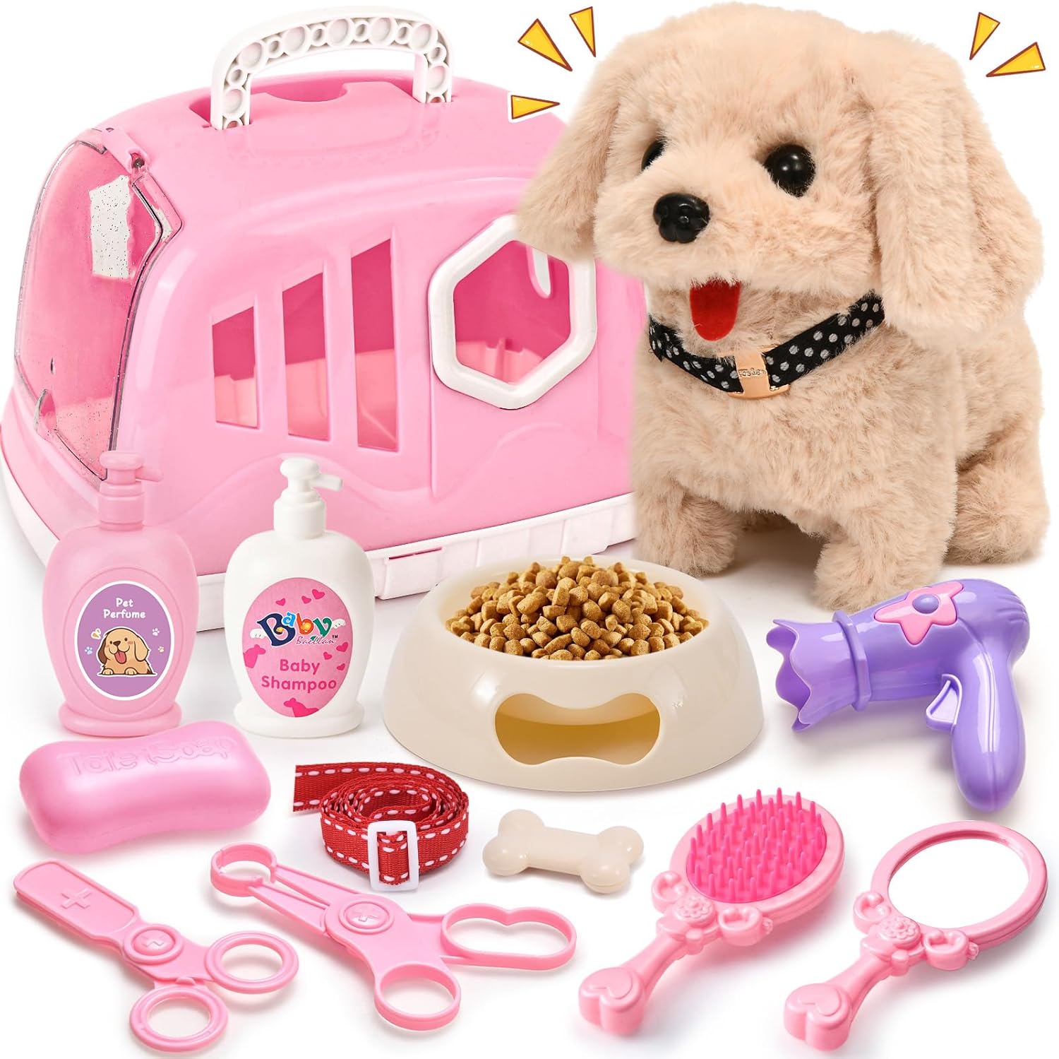 G.C Toy Dogs for Kids Electronic Pets Interactive Plush Soft Dog Walking Barking Wagging Dog with Pet Carrier Feeding and Grooming Kit Accessories Pretend Play Toys Birthday Gifts for Girls Toddler