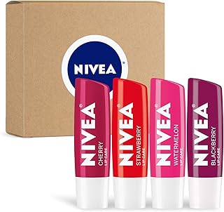 NIVEA Lip Care, Fruity Tinted Lip Balm Variety Pack, Galentine's Day Gifts for Her, With Cherry, Strawberry, Blackberry and Watermelon Flavors, 0.17 Oz Stick, Pack of 4