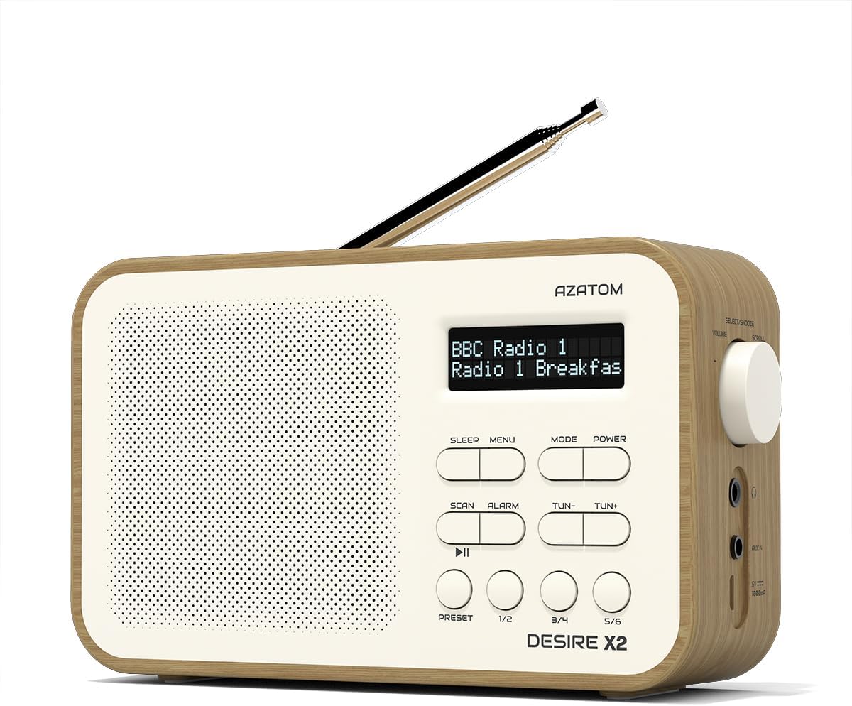 DAB/DAB+ & FM Portable Digital Radio | Simple Controls | Dual Alarms & Sleep Timer | Battery & Mains Powered (4x”AA”) | Bluetooth | Perfect for Home, Office or Outdoors | AZATOM Desire X2 (Oak)