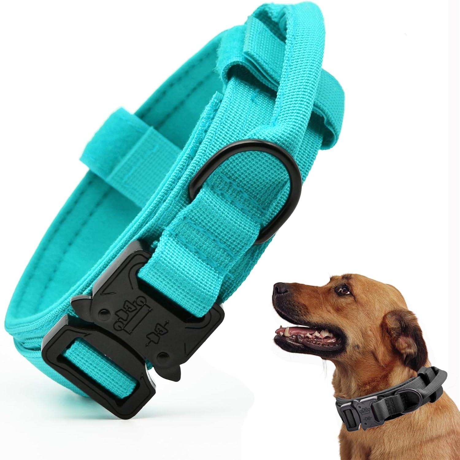Tactical Dog Collar, Adjustable Military Training Nylon Dog Collar with Control Handle and Heavy Quick-Release Metal Buckle for Small Medium Large Dogs, Blue L