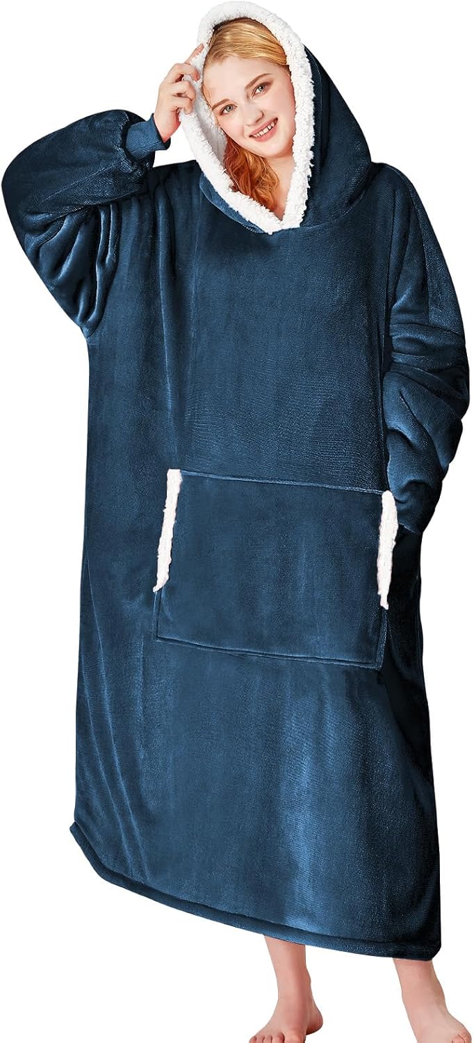 yescool Wearable Blanket Hoodie, Flannel Sherpa Fleece Blanket Sweatshirt for Adults Women Men, Big Plush Cozy Hooded Blanket with Hood, Pocket & Sleeves, Large, One Size Fits All (Navy Blue)