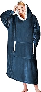 yescool Wearable Blanket Hoodie, Flannel Sherpa Fleece Blanket Sweatshirt for Adults Women Men, Big Plush Cozy Hooded Blanket with Hood, Pocket & Sleeves, Large, One Size Fits All (Navy Blue)