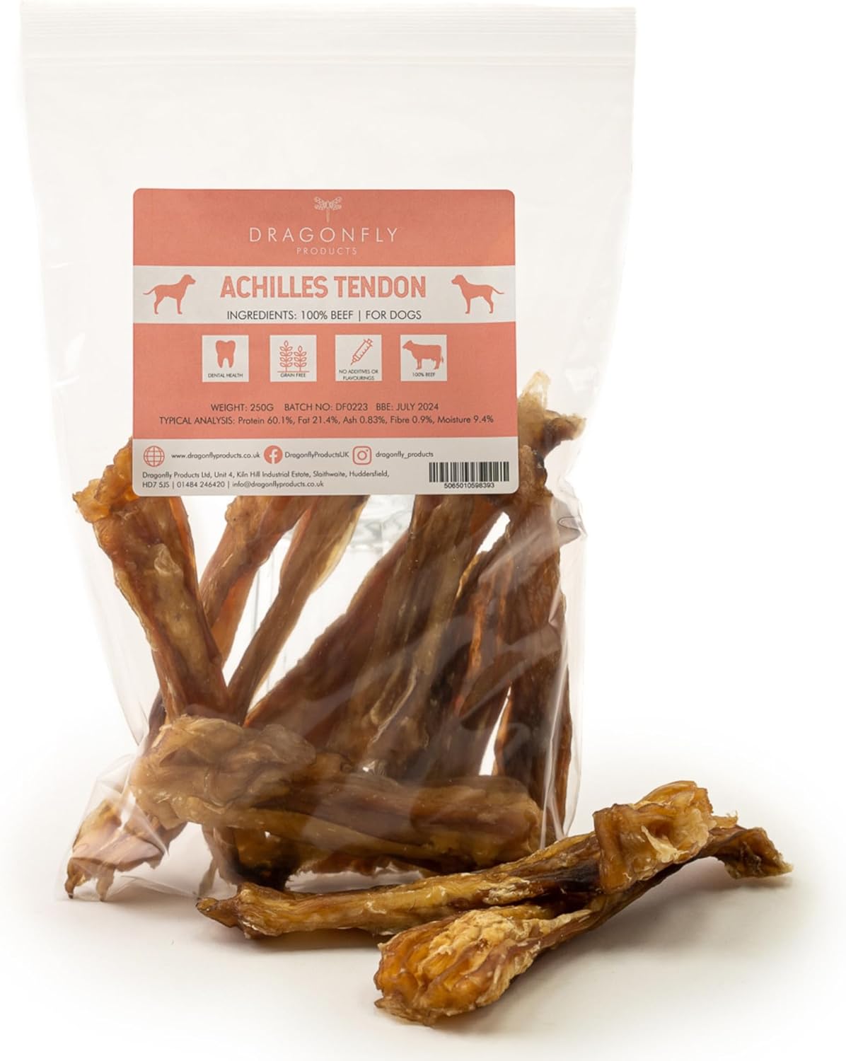 Dragonfly Products, Beef Achilles Tendon 100% Beef, Good for Aggressive Chewers, Long Lasting, High in Protein, Suitable for puppies 12 weeks+. 250g