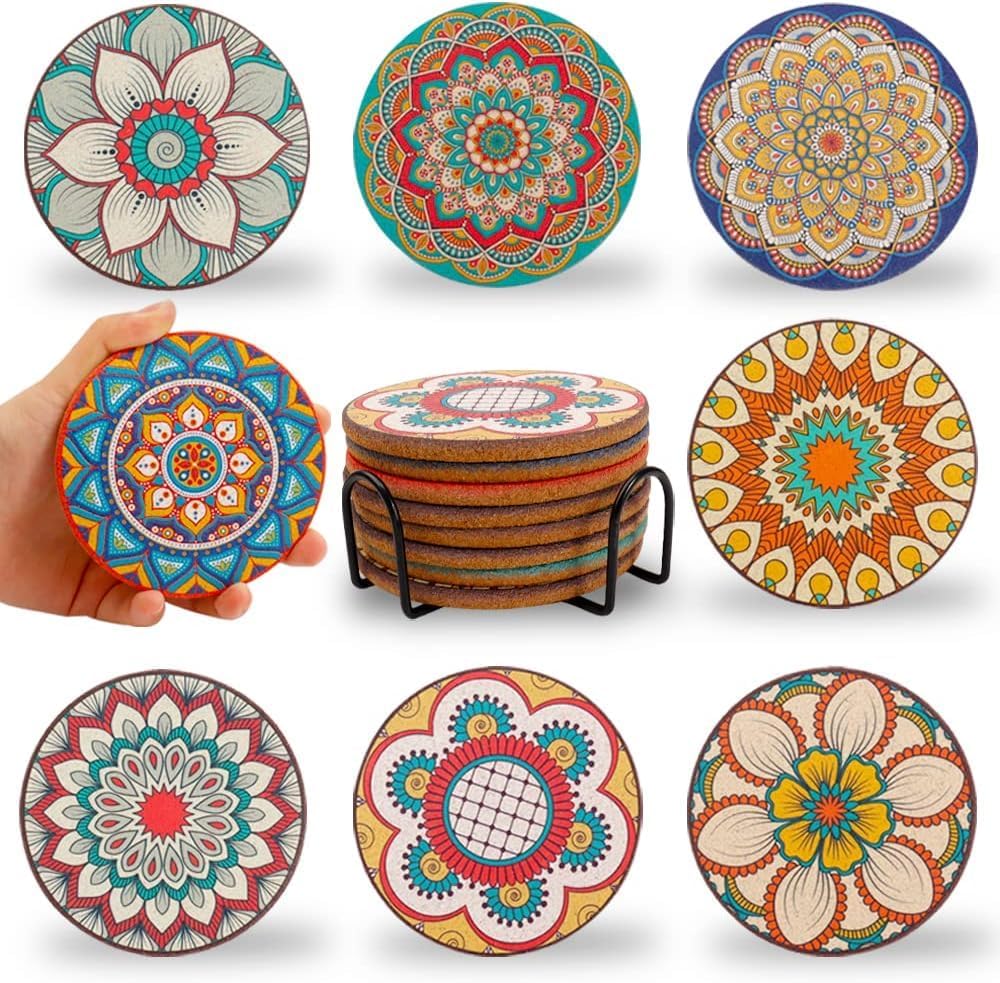 Puluole Cork Coasters Set - 8 Drinks Coasters With Holder, Perfect for Coffee Table & Apartment Home Decor - Boho Gifts for Women