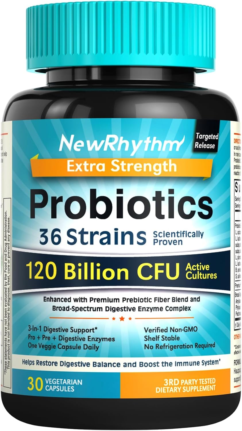 NewRhythm Probiotics 120 Billion CFU 36 Strains, 3-in-1 Probiotics for Digestive Health & Immune Support with Prebiotics & Enzymes, Probioticos for Women & Men, Vegan Targeted Release Supplement, 30ct