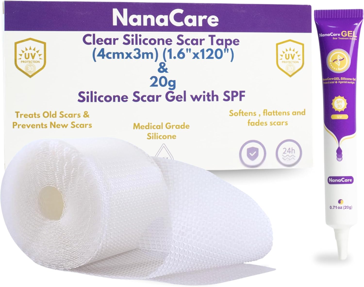 NanaCare Clear Silicone Scar Tape (4cmx3m) & Silicone Scar Gel (20g) with SPF-All in 1 Scar Treatment kit - Scar Cream Silicone Scar Sheets for C Section, Acne, Keloid, Stretch Marks & Surgical Scars
