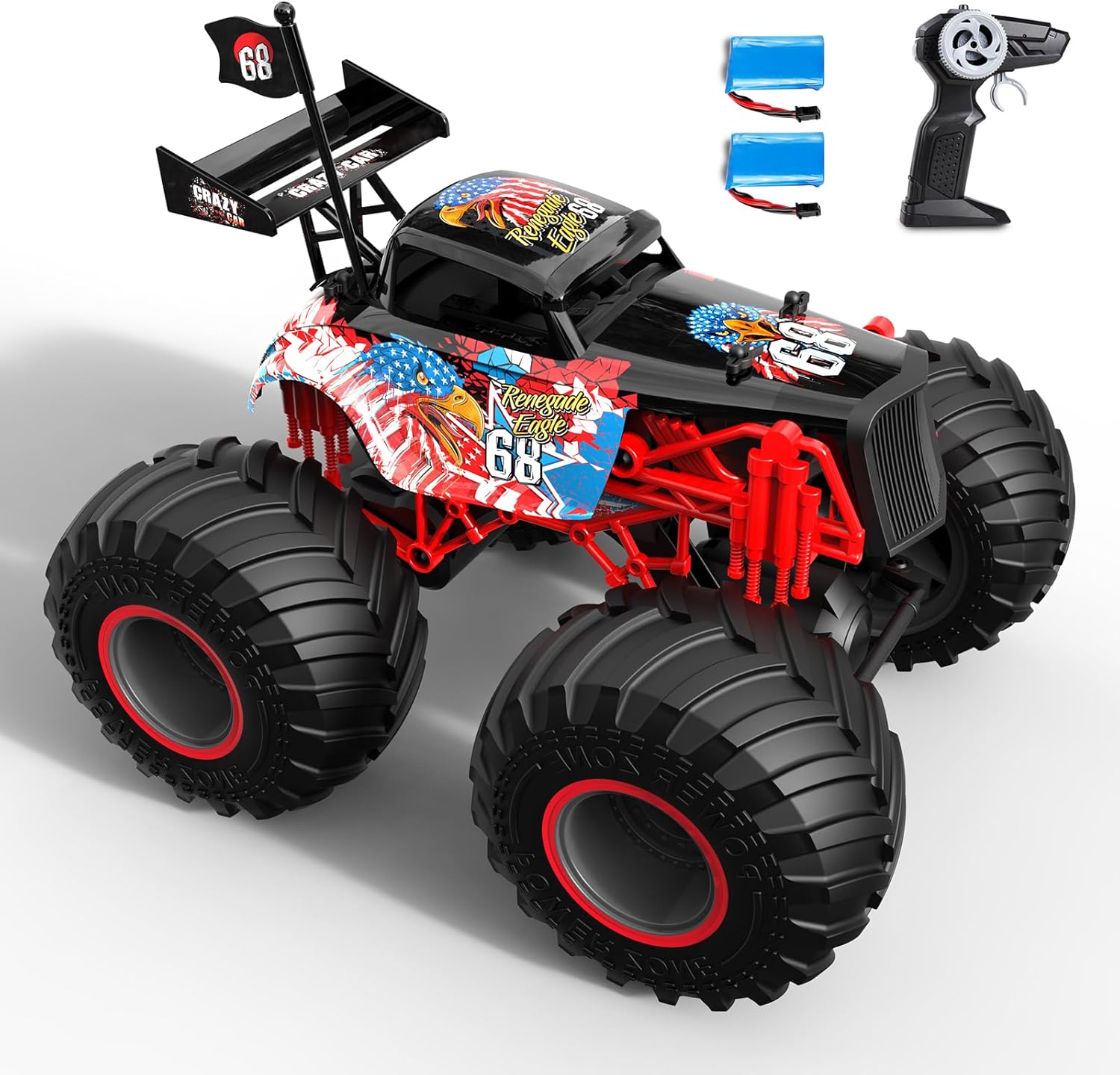 Remote Control Car for Kids 2.4Ghz 1:14 Remote Control Monster Truck All Terrain Big Wheel 50+ mins Two Rechargeable Batteries 15 km/h RC Monster Car Off-Road Vehicle Gift for Kids (Eagle 68)
