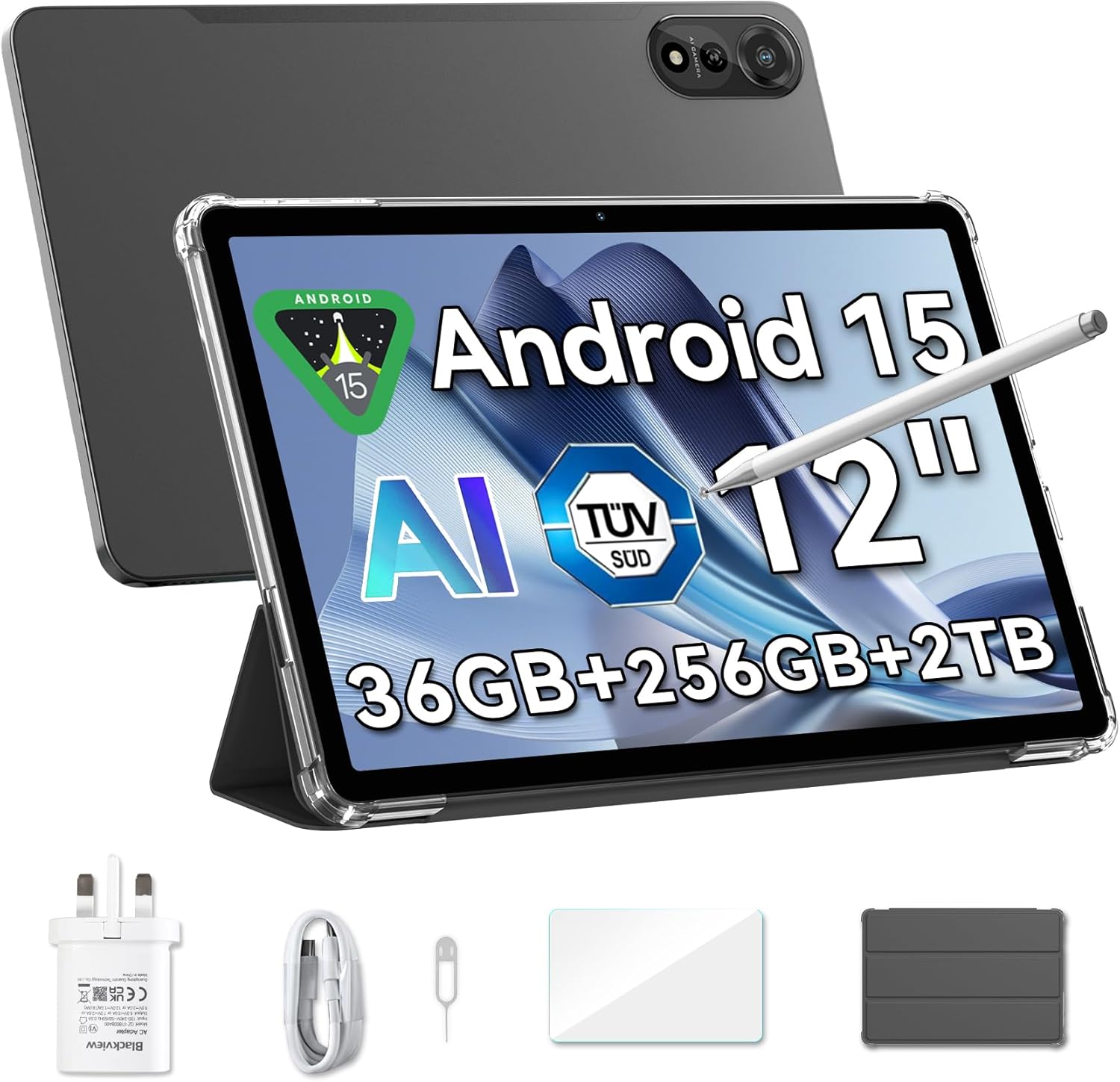 Blackview MEGA2 12 inch Tablet Android 15 Gaming Tablet with SIM Card Slot, Pen, 36GB + 256GB (2TB), 2.4K 120Hz FHD+ IPS Display, 9000mAh/33W, 8MP + 16MP AI Camera, 4G LTE, 5G WiFi, GPS