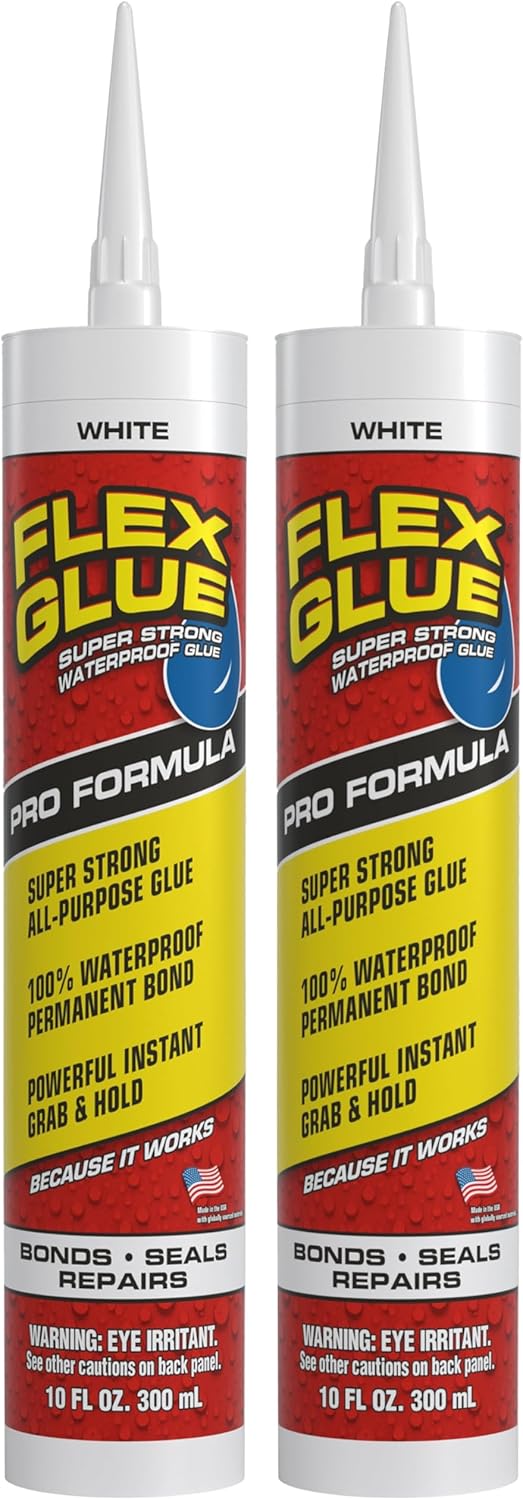 Flex Glue, Super Strong, Rubberized Waterproof Adhesive, Works Underwater, Use on Pools, Showers, Outdoors, Concrete, Brick, Pavers, UV Resistant, 10 oz Cartridge, White, 2-Pack