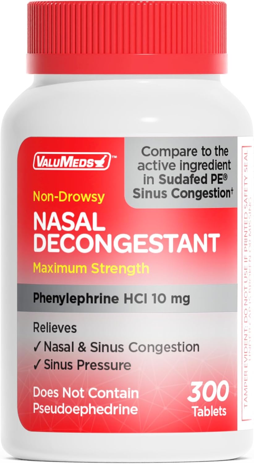 ValuMeds Nasal Decongestant PE Non-Drowsy for Adults | Maximum Strength Phenylephrine HCl 10mg to Relieve Sinus Pressure from Cold or Allergies | Comparable to Sudafed PE Congestion | 300 Tablets