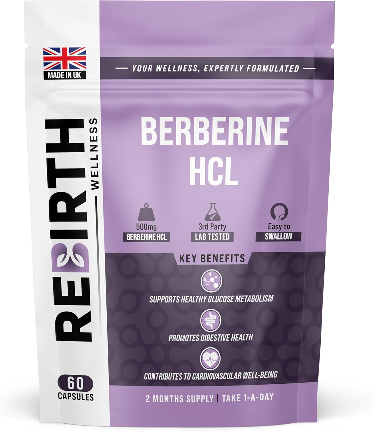 Berberine HCL Extract - 60 Capsules 500mg High Strength - Berberine Supplement - No Synthetic Fillers or Binders - Vegan Friendly - Gut Health - Blood Sugar Support - Made in UK