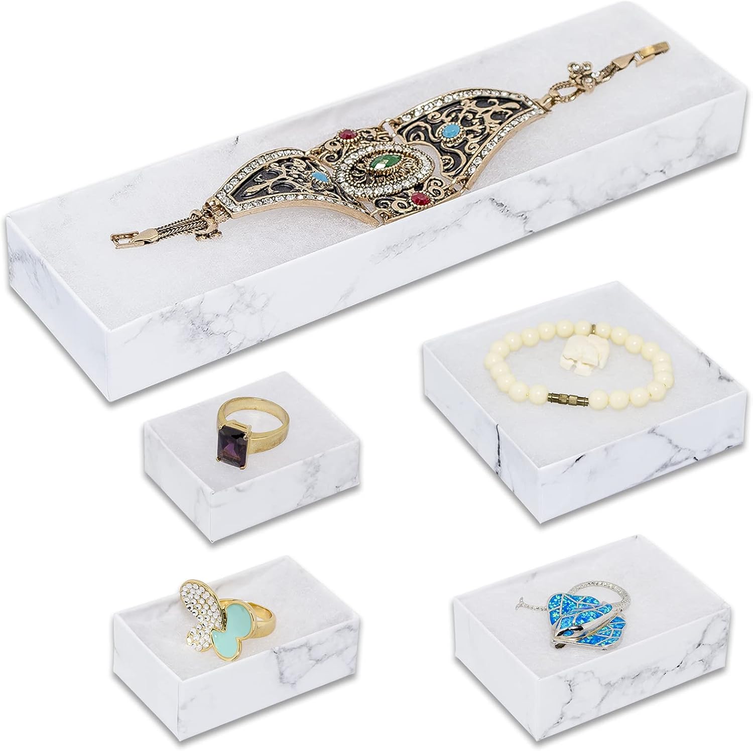 TheDisplayGuys - 100-Pack #99 Cotton Filled Cardboard Paper Jewelry Boxes Gift Case - Marble White (5 Sizes Assortment) - for Shipping or Storage