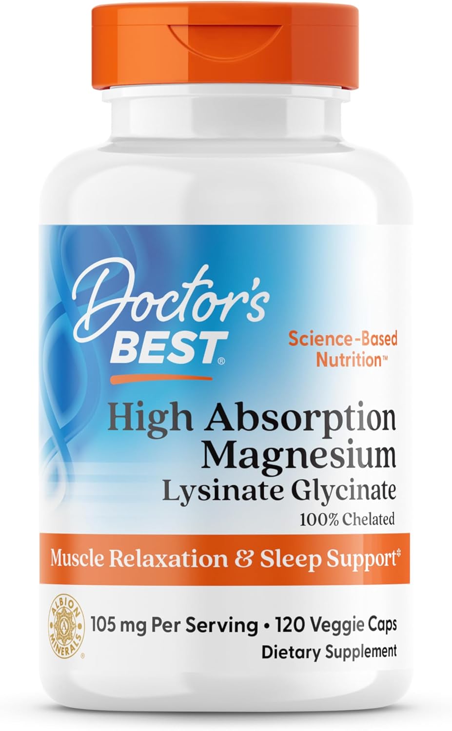 Doctor's Best High Absorption Magnesium Lysinate Glycinate Capsule, Easy to Swallow, 120 Ct
