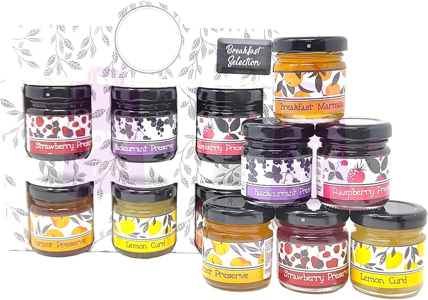 Selection of Breakfast & Afternoon Tea Jam Preserve Gift Pack - Strawberry, Blackcurrant, Raspberry, Apricot, Lemon Curd, Marmalade - 6 x 42g Jars