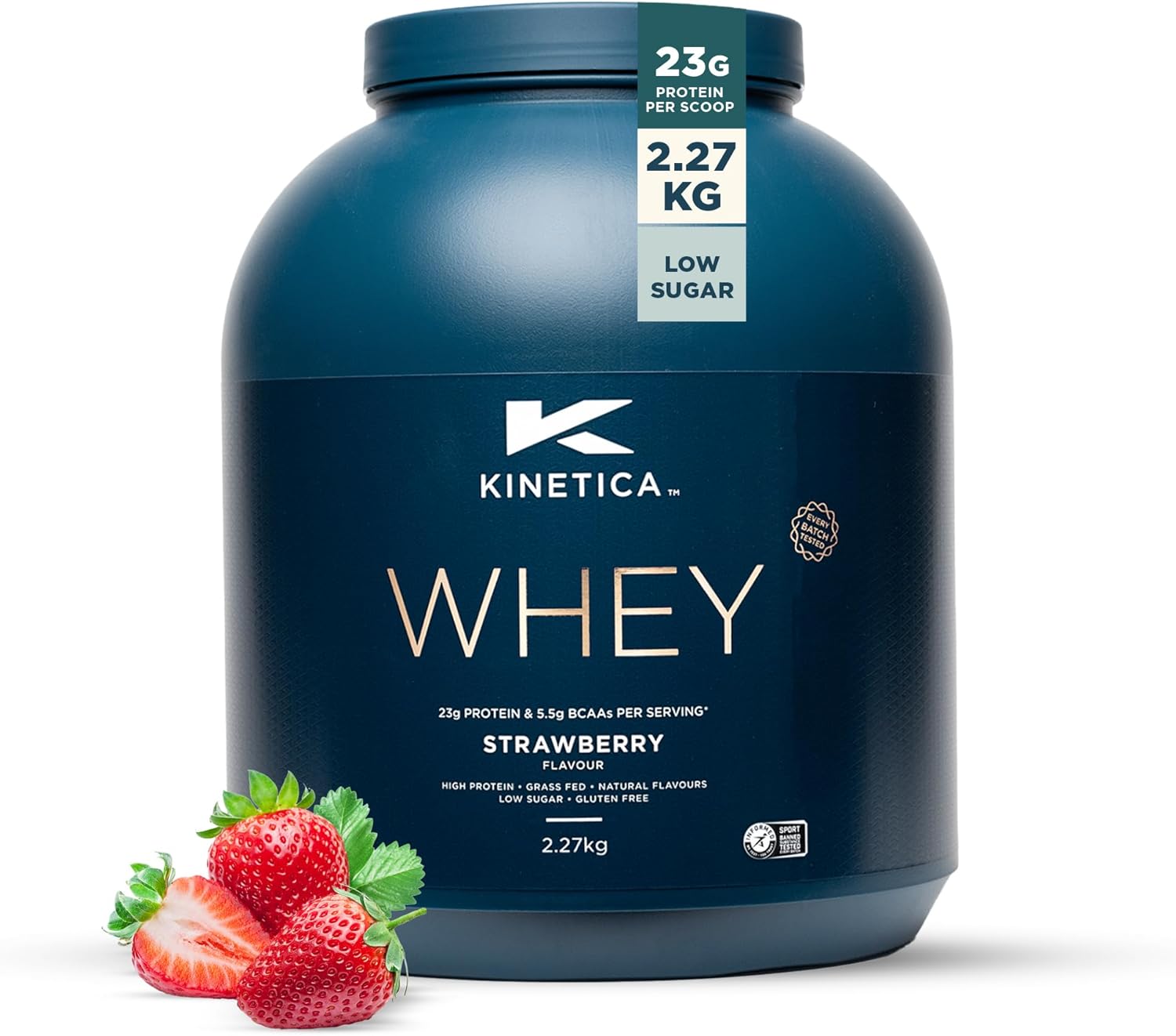 Kinetica Sports Whey Protein Powder - Strawberry Flavour |23g Protein/Serve, 76 Servings/2.27Kg Pack |Gluten Free Supplement |Optimum for Muscle Growth & Recovery |Mixes Well with Water, Milk & Shakes