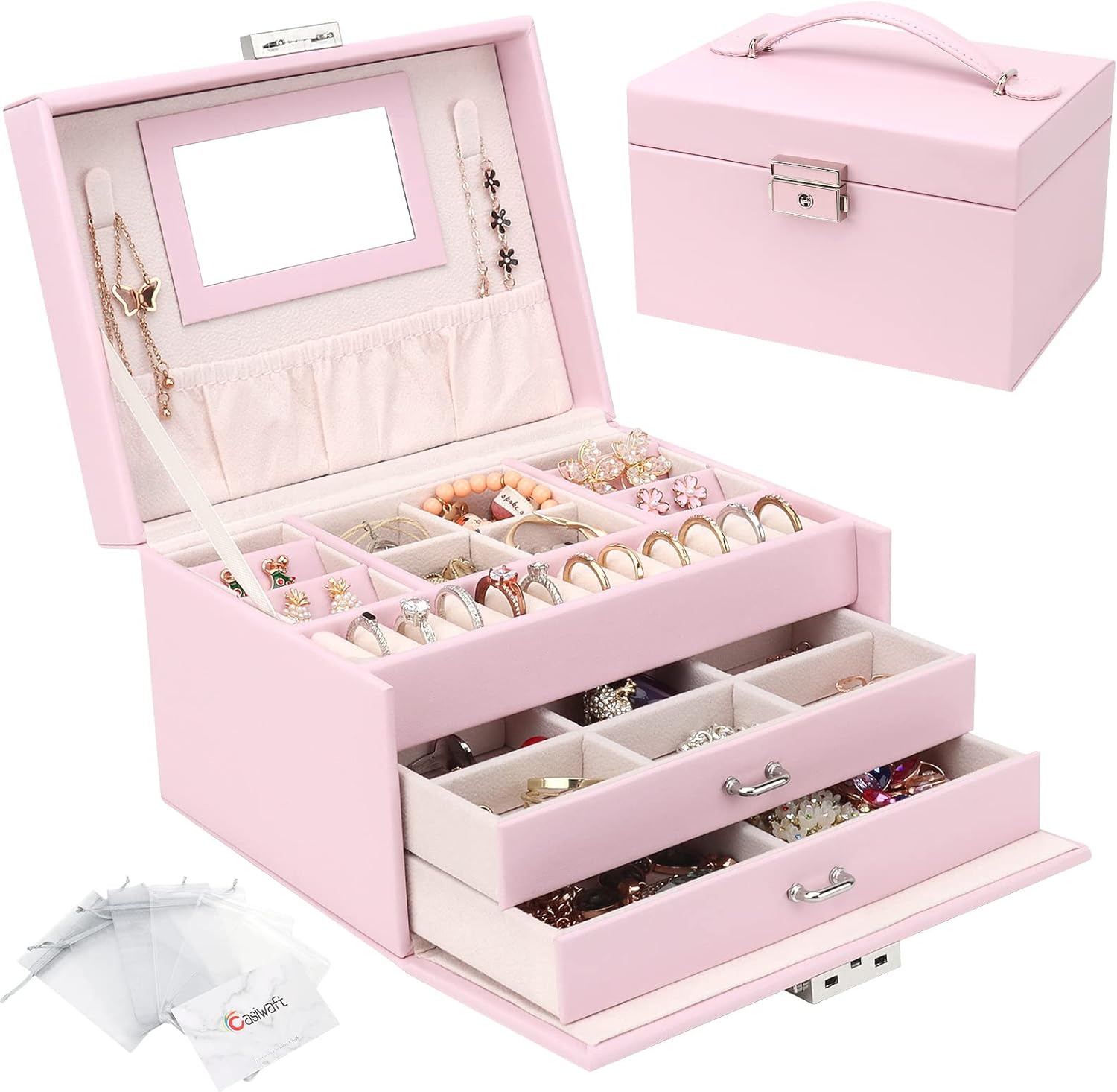 Jewellery Box Organiser, 3 Layers PU Leather Jewelry Storage Case with Mirror and Lock, Lockable Jewellery Organiser with 2 Drawers for Rings, Bracelets, Earrings, Pink