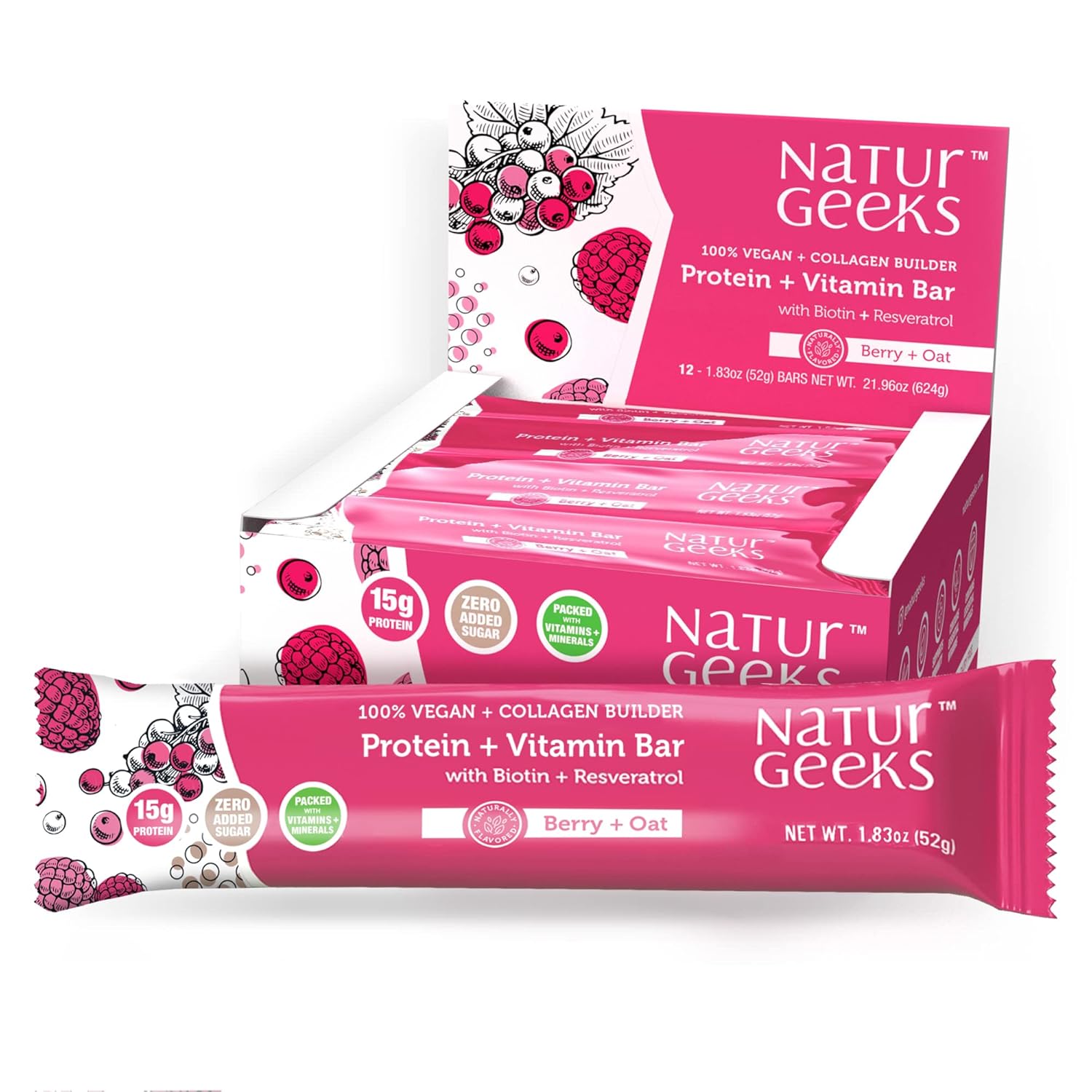 NaturGeeks Vegan Protein Bar with 15g Plant Based Protein, 11 Vitamins, 6g Fiber, Gluten Free, Dairy Free, No Added Sugar, Magnesium & Zinc for Immune Support (12 Pack, Oat & Berry)