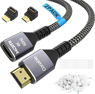 4K HDMI Extension Cable (2 Pack 12FT+ 12FT), HDMI 2.0 Braided Extender Male to Female Cord, Pure Copper 3D 4K@60Hz 2160p 1080p HDR HDCP 2.2 ARC (with Ties, U Nails, 2 HDMI Adapters)-12 Feet-2 Pack