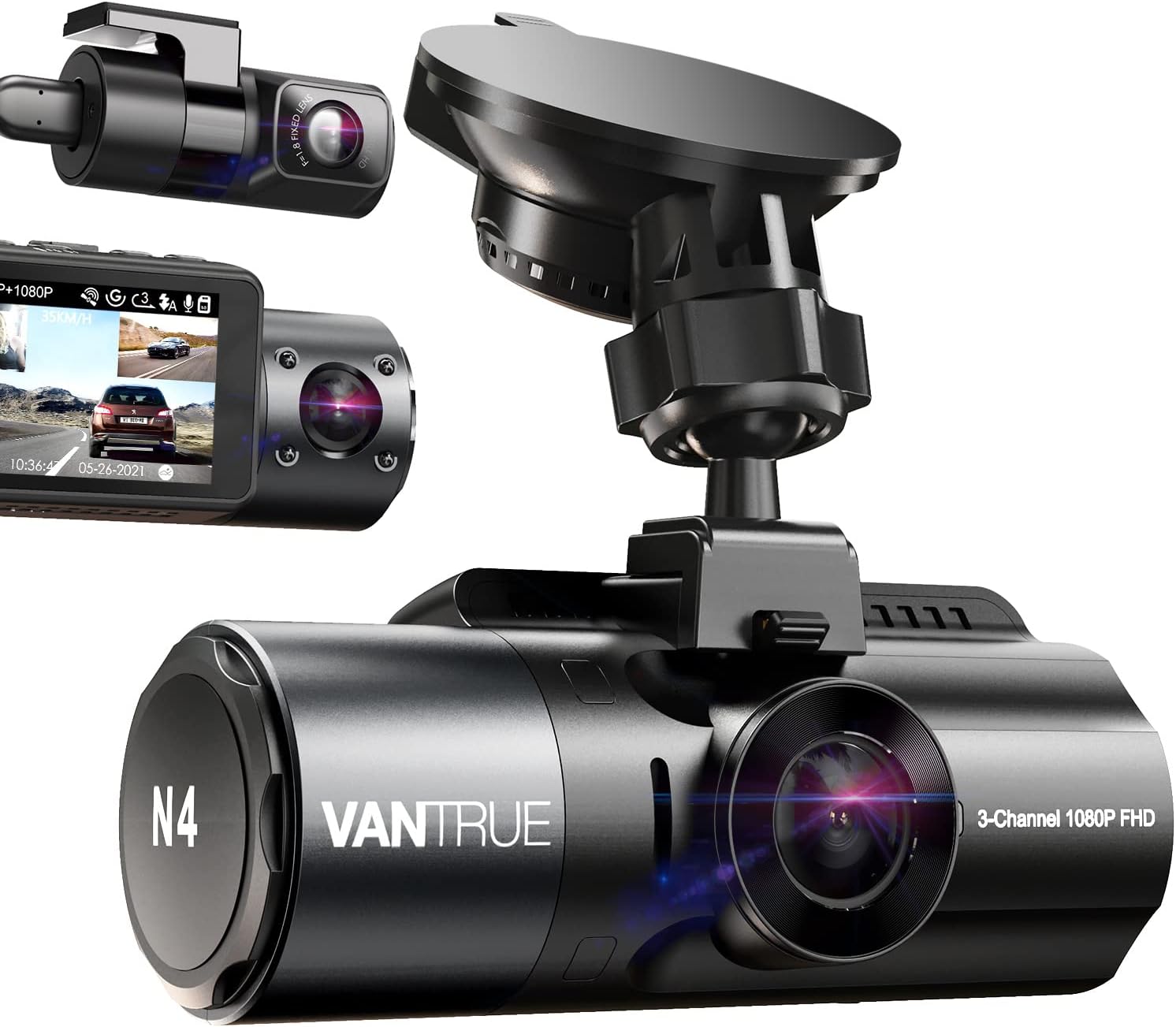 VANTRUE N4 3 Channel Dash Cam, 4K+1080P Dual Channel, 1440P+1440P+1080P Front Inside Rear Three Way Triple Car Dash Camera, IR Night Vision, Capacitor, 24 Hours Parking Mode, Support 256GB Max