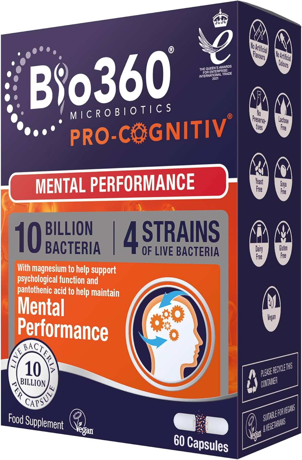 Natures Aid Bio360 Pro-Cognitiv Probiotic 10 Billion Live Bacteria CFU - Supports Brain Health and Mental Performance - High Strength - Vegan, Gluten Free, Non-GMO - 60 Capsules
