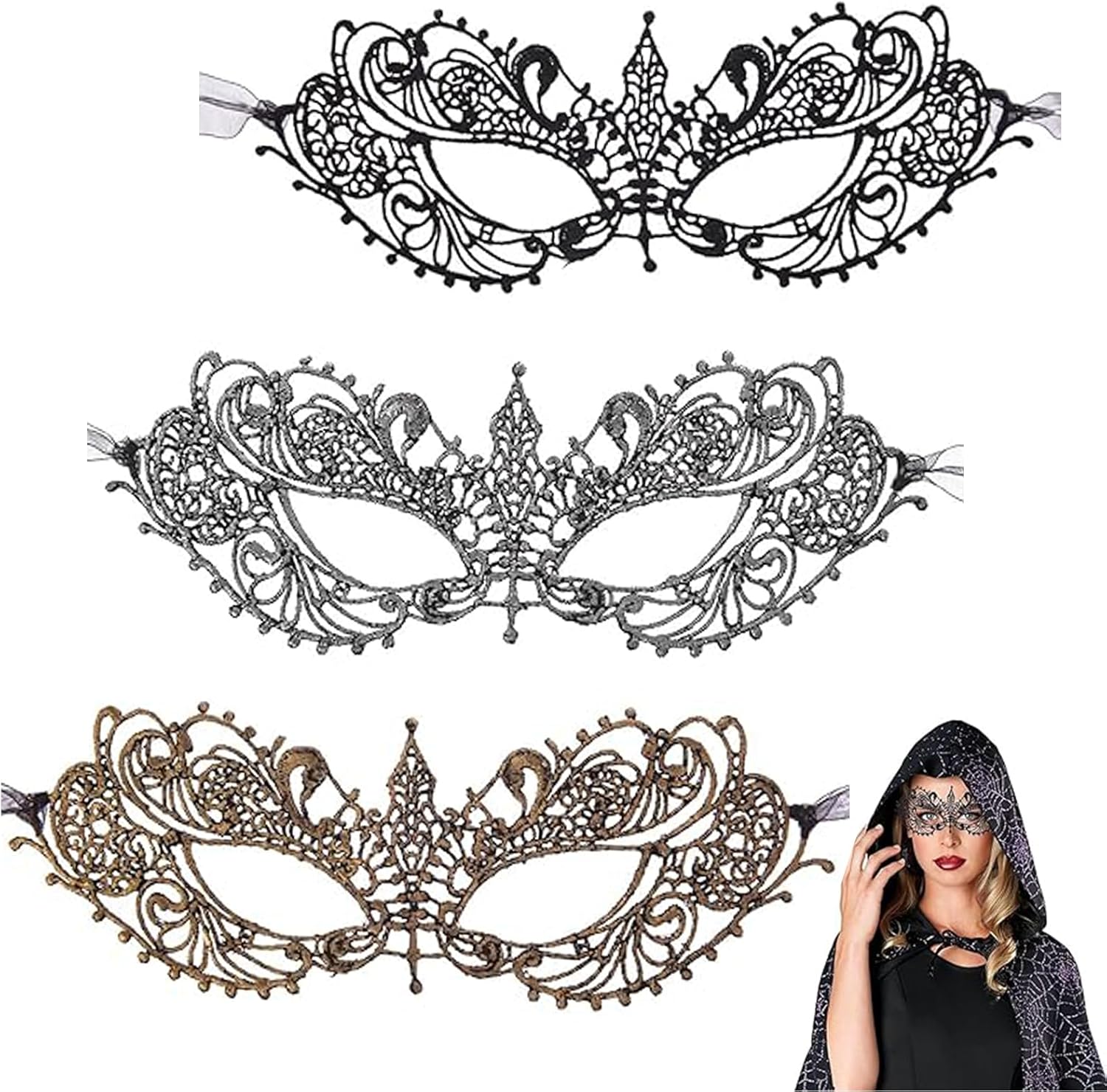 JNGTKL Masquerade Mask, 3 Pcs Masquerade Masks For Women, Sophisticated Lace Prom Mask, Carnival Venetian Half Face Mask for Halloween Mardi Gras Ball Bar Costume Party Cosplay