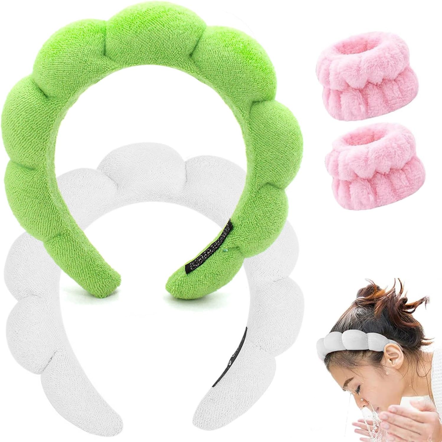 Spa Headband for Washing Face, Makeup Headband, Bubble Skincare Headbands with Face Wash Wristbands, Terry Cloth Headband Soft Puffy Headbands for Women Gifts