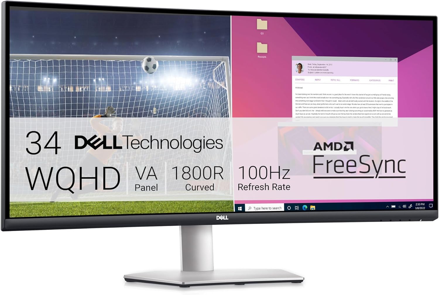 Dell S3423DWC USB-C 34 Inch WQHD (3440x1440) 21:9 1800R Curved Monitor, 100Hz, VA, 4ms, AMD FreeSync, 99% sRGB, Built-in Speakers, USB-C, 2x HDMI, 3x USB, 3 Year Warranty