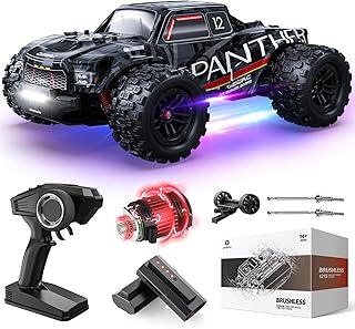 DEERC 1/14 Brushless Fast Extreme 70kph 4X4 Off-Road Truck, 7 Lighting Modes Remote Control with 2 Li-ion Batteries, Electric Large Truggy for Snow Sand