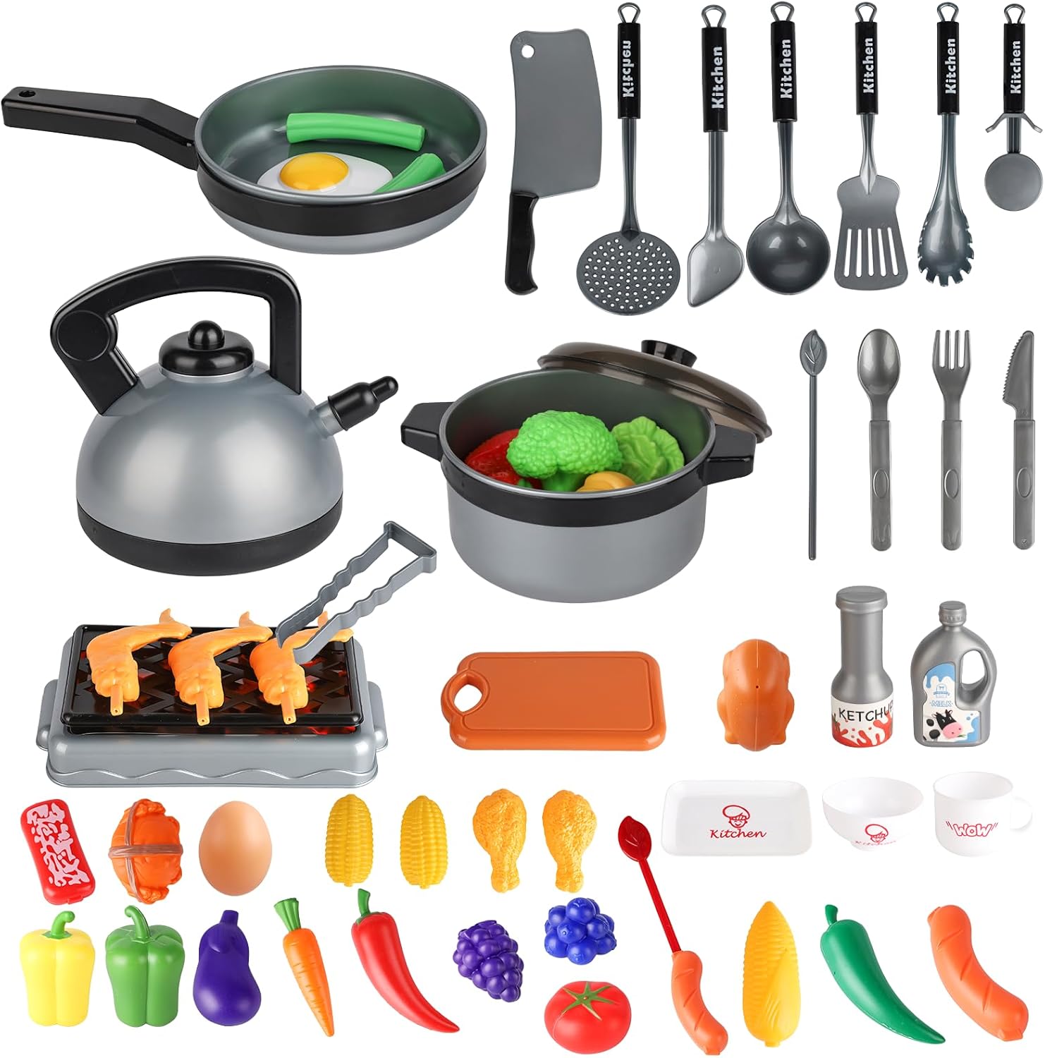 76Pcs Kids Pretend Play Kitchen Set - Kids Playset Toy Kitchen Accessories, Toy BBQ Kitchen Set, Cooking Toy Set, Indoor/Outdoor Interactive Pretend Play Gifts for Boys Girls