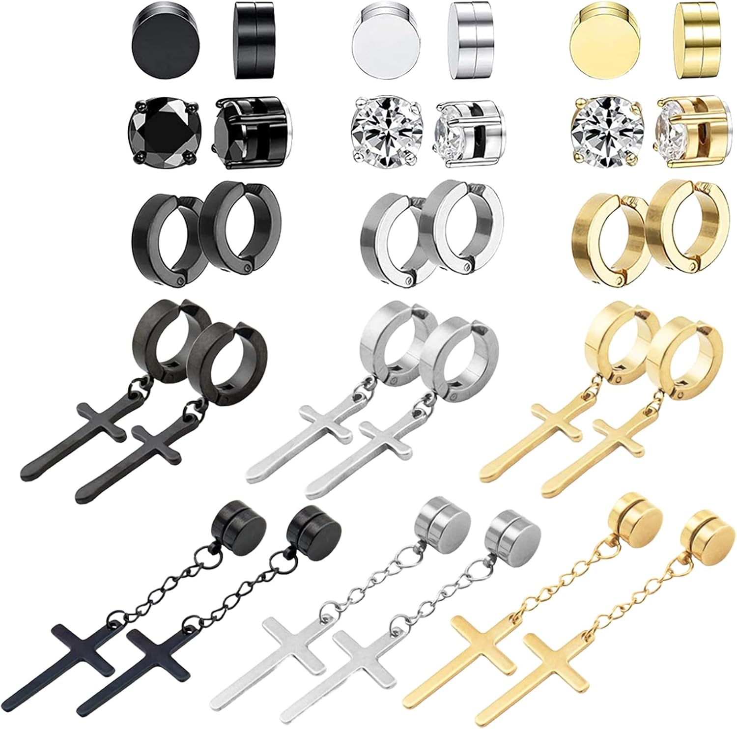 NEWITIN 15 Pairs Magnetic Stud Earrings for Men Clip on Earrings Stainless Steel Magnet Earring Unisex Dangle Cross CZ Hoop Magnetic Stud Earring Set for Men Women