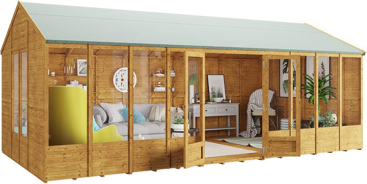 BillyOh Petra 20x10 Reverse Apex Summer House Shed, Log Cabin | Wooden Garden Room with Wide Double Doors, Tear Resistant Felt, Tongue and Groove Construction | Versatile Tiny Home or Garden Office