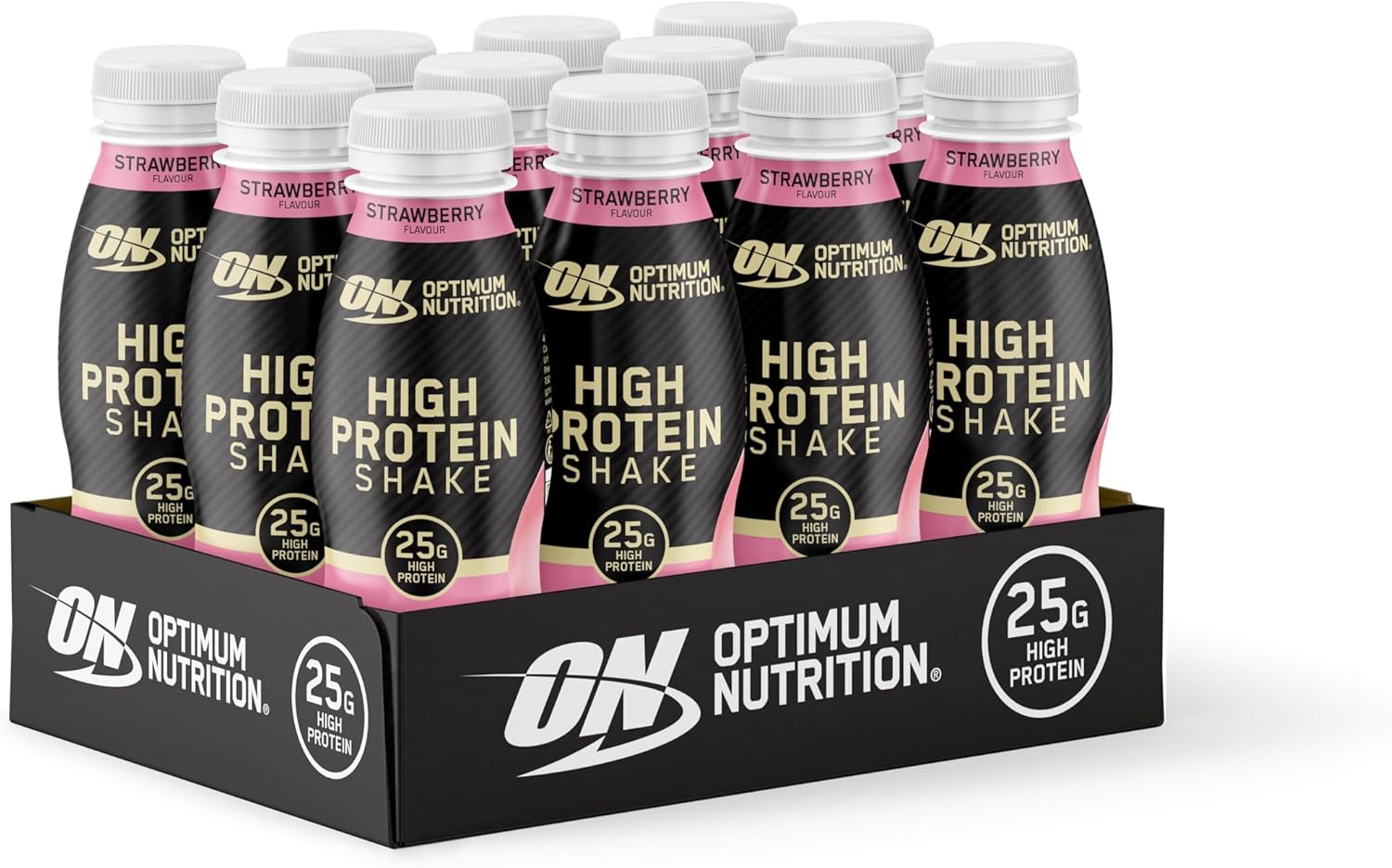 Optimum Nutrition High Protein Shake Bottles, Ready to Drink Healthy Snacks, No Added sugars, Low Fat, Post Workout Snack for Men and Women, Strawberry Flavour, 12x330ml, Packaging May Vary