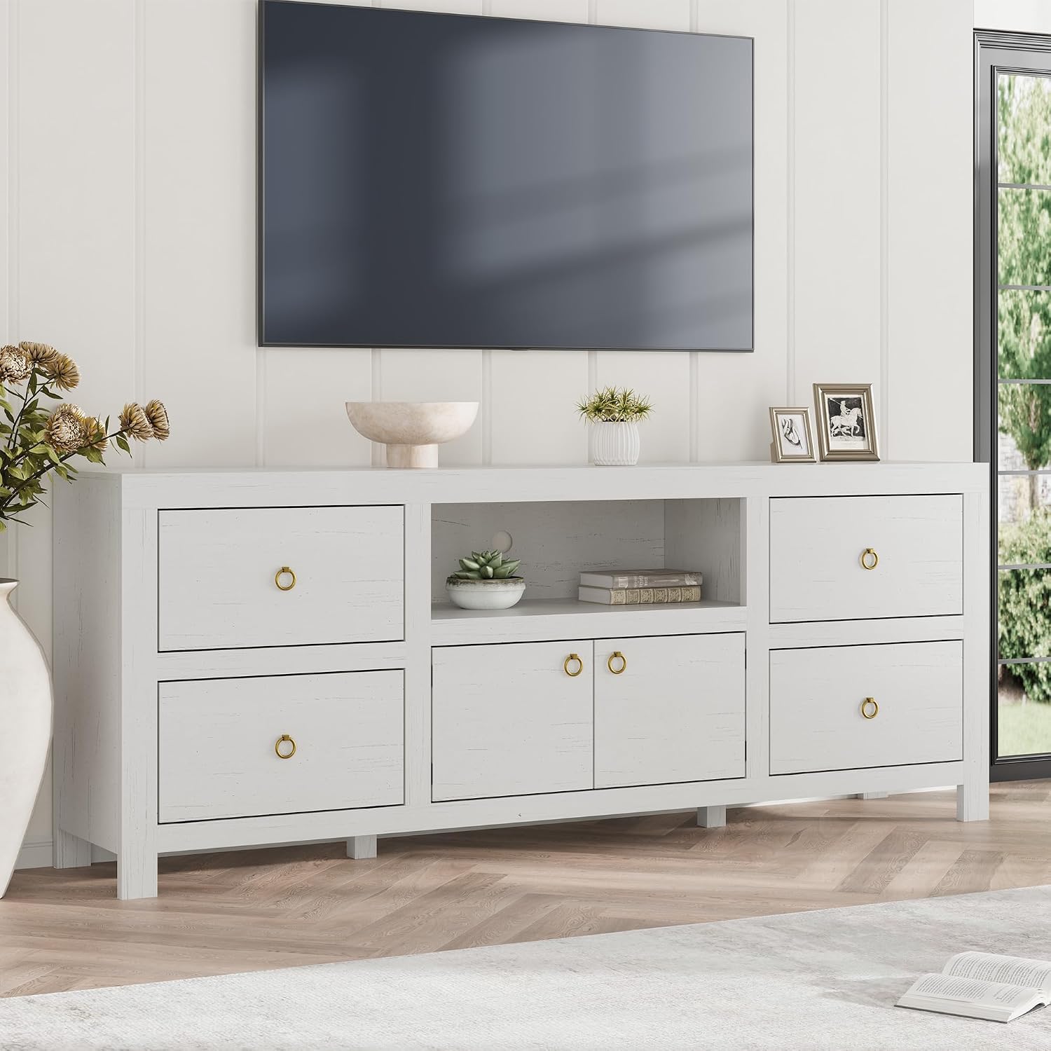 IDEALHOUSE Farmhouse TV Stand for Tv Up to 80 Inches, 70 in Long Entertainment Center with 4 Storage Drawers & 3 Open Shelf, Television Consoles Stands for Living Room, Bedroom