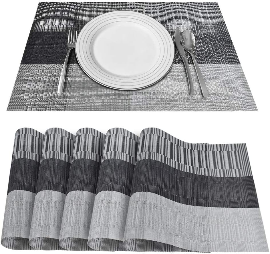 BROTOU Placemat for Dining Table Set of 4/6/8, Heat Resistant Washable PVC Table Mats, Non-Slip Stain Resistant Coffee Mat, Woven Vinyl Placemats (Dark Grey, Set of 6, 17.7" x 11.8")