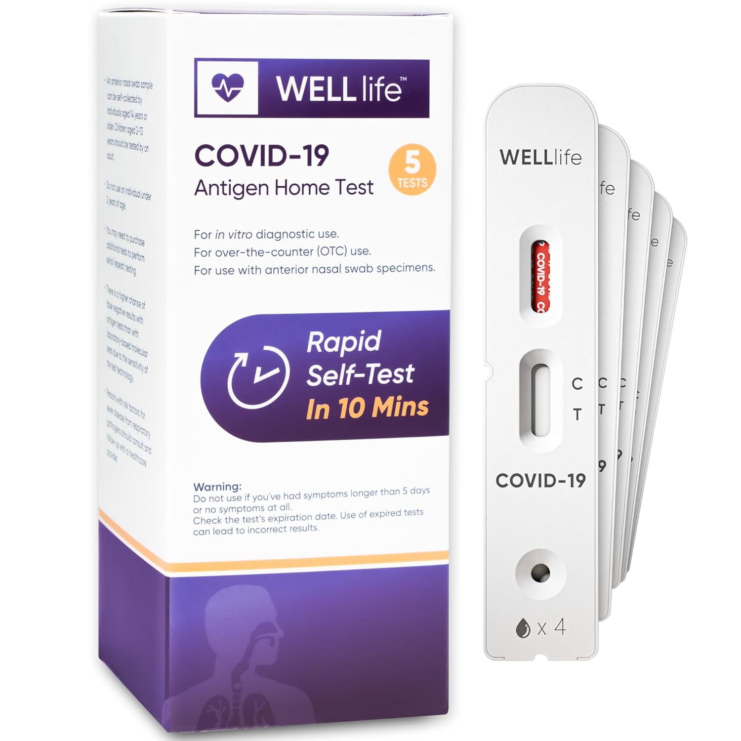 WELLlife Covid-19 Antigen Home Test, FDA Authorized OTC Covid Home Test with 10 Minute Results, 1 Pack, 5 Tests Total, Easy to use & No Discomfort