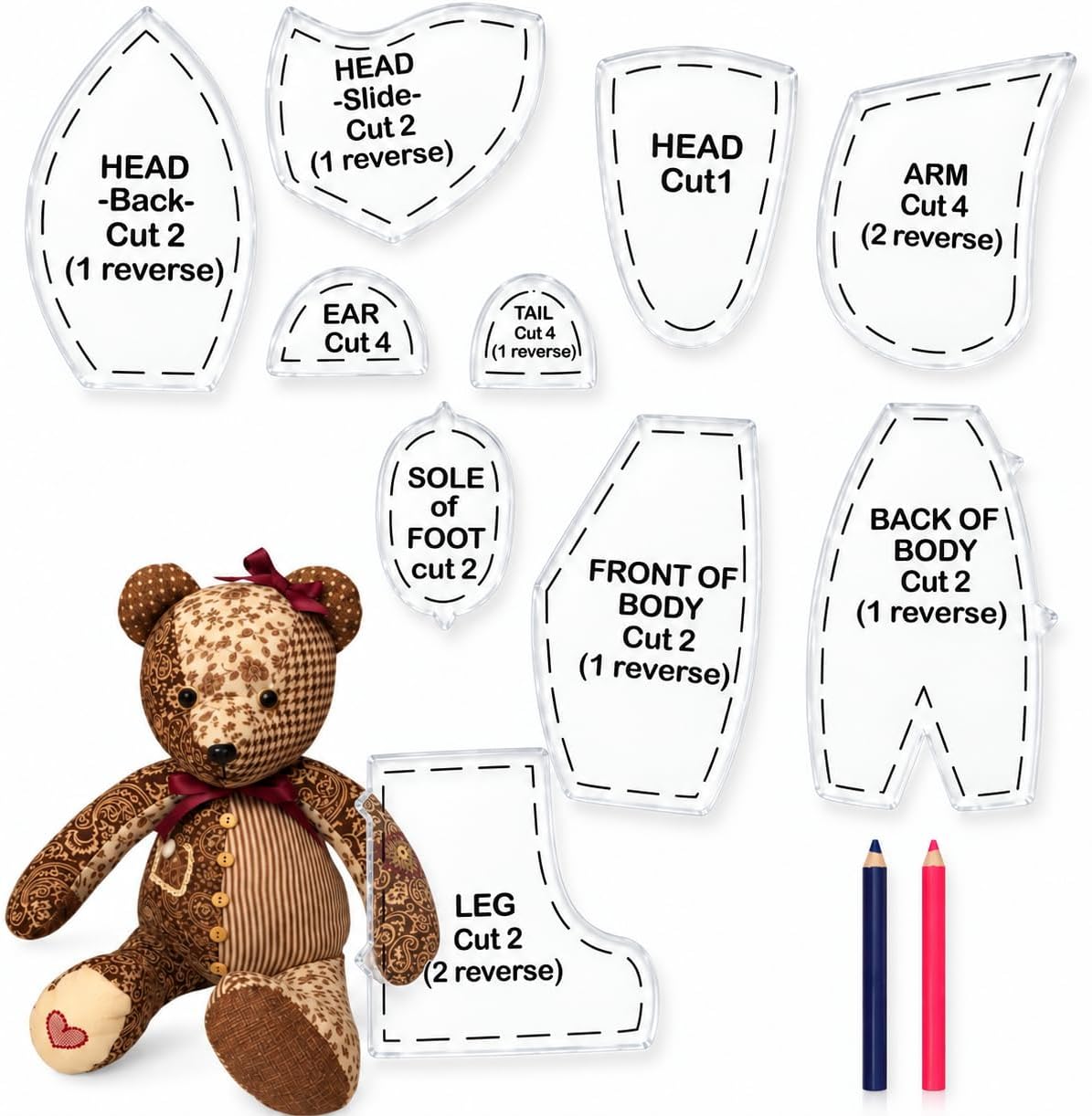 15in Memory Bear Patterns for Sewing Quilting Template Set w Instruction