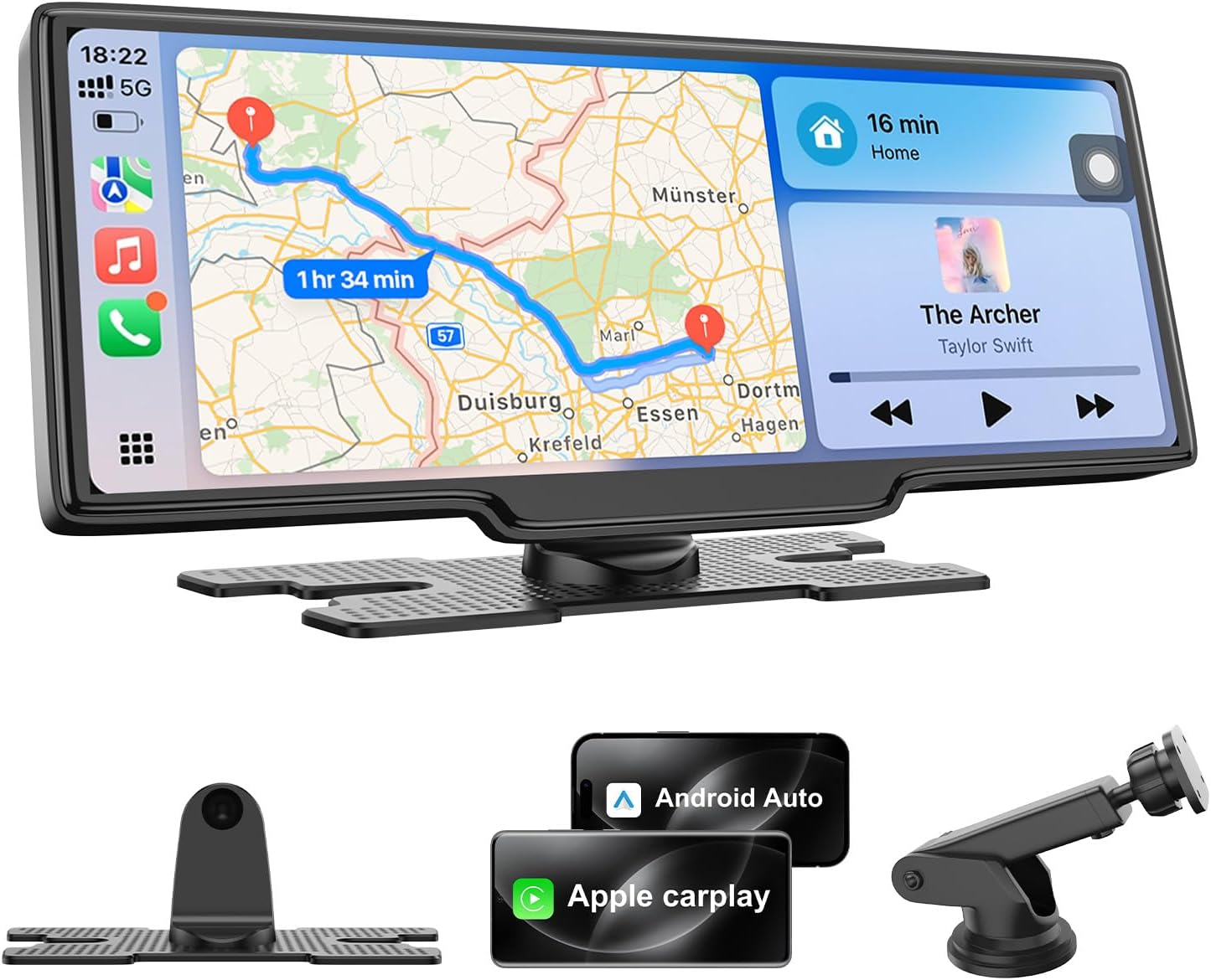 10.26" CarPlay Screen for Car, Wireless Apple CarPlay& Android Auto Screen, Portable Car Stereo with Bluetooth, GPS Navigation, Airplay & Android Cast, Voice Control, Fit for All Vehicles