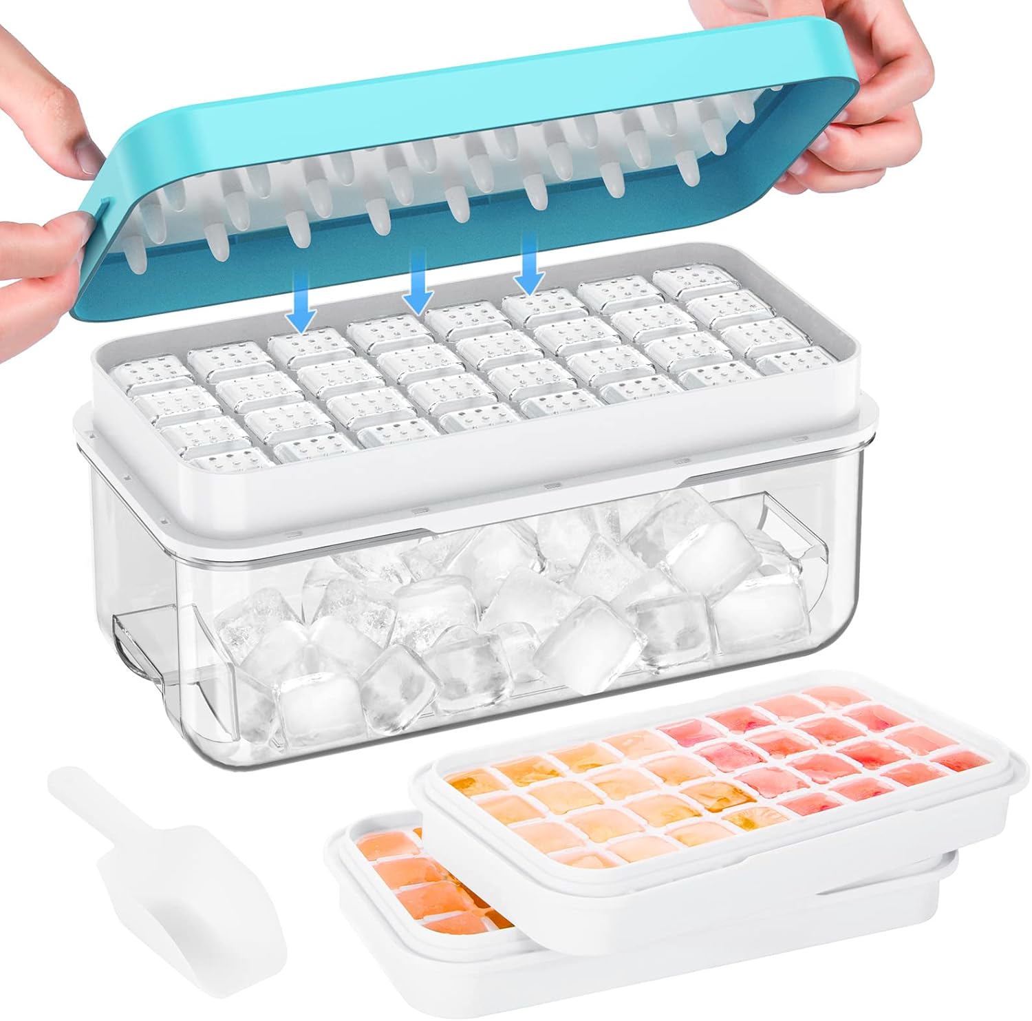 Ice Cube Tray with Lid and Bin, PHINOX 64 pcs Ice Trays for Freezer, Ice Cube Trays for Freezer with 2 trays, Container, Lid & Ice Scoop, BPA Free