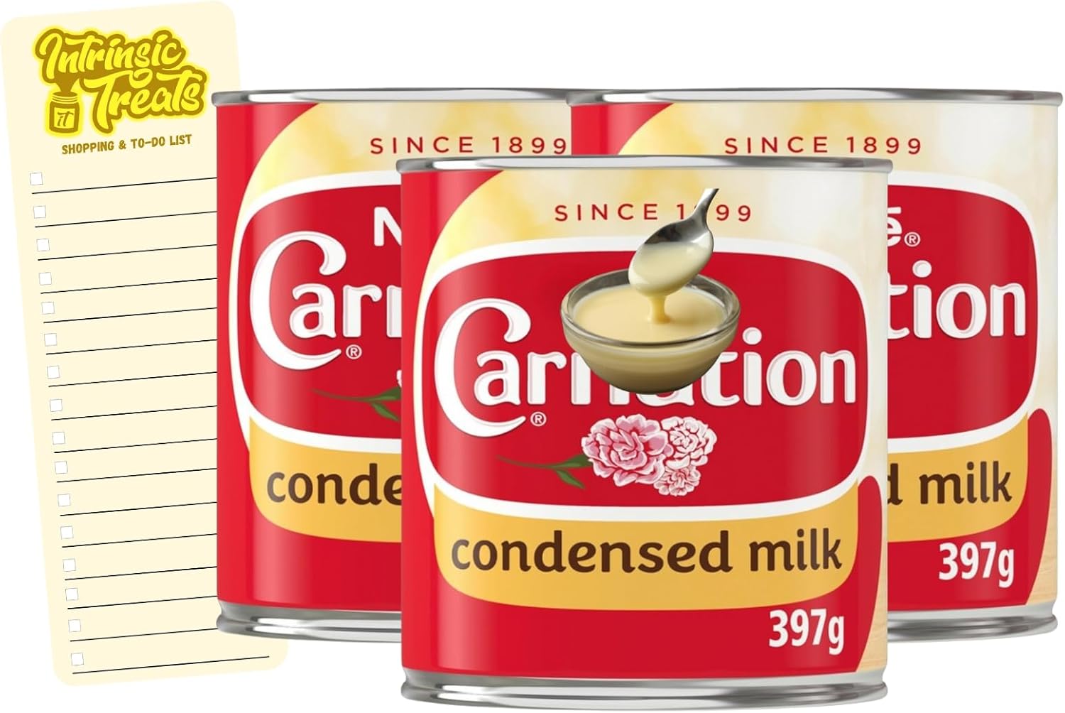 Condensed Milk Bundle with Carnation Condensed Sweetened Milk 397g x3 with Intrinsic Treats Shopping List Card