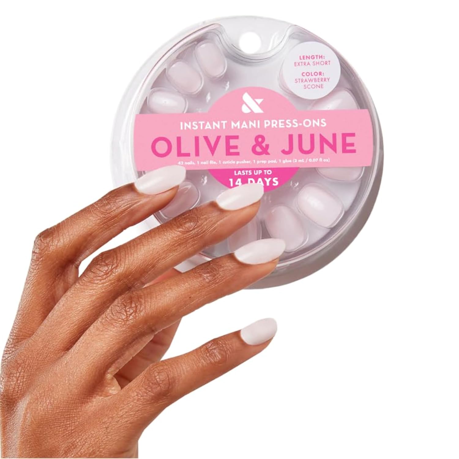 Olive & June Instant Mani Press-On Nails, Strawberry Scone, Extra Short | Salon-quality glue-on manicure kit; 42 non-toxic fake nails in 21 sizes, recycled materials, realistic look, lasts 14 days