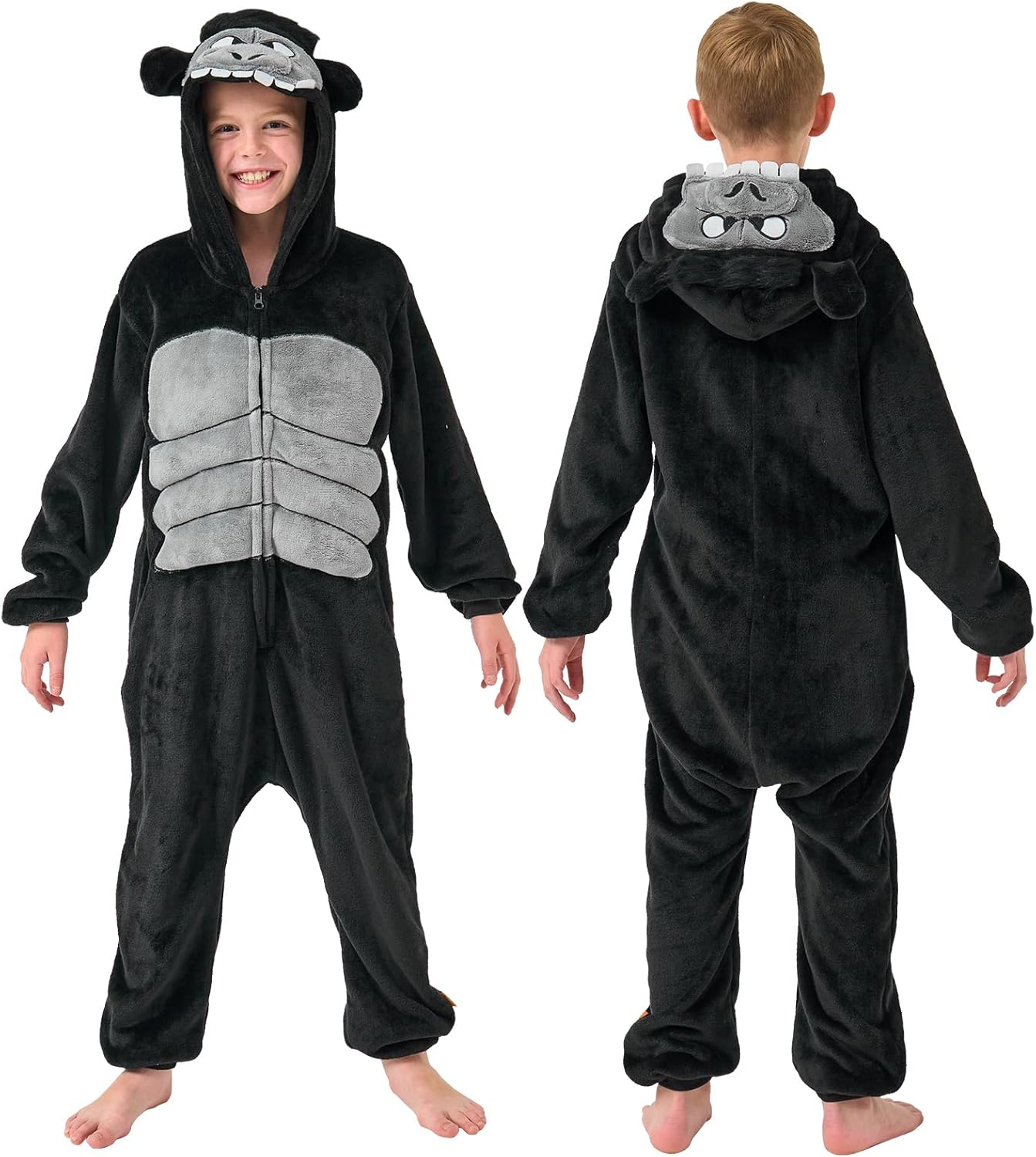 Boys Kids Gorilla Chimpanzee king Kong Monster Onesie Hooded Pyjamas 3D Animal Feature Flannel Sleepsuit Jumpsuit Nightwear Halloween Party Extra Thickness Softness Fun Play (Gorilla, 11-12 years)