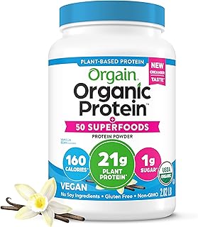 Orgain Organic Vegan Protein + 50 Superfoods Powder, Vanilla Bean - 21g Plant Based Protein, 8g Prebiotic Fiber, No Lactose Ingredients, Gluten Free, Non-GMO, 2.02 lb (Packaging May Vary)