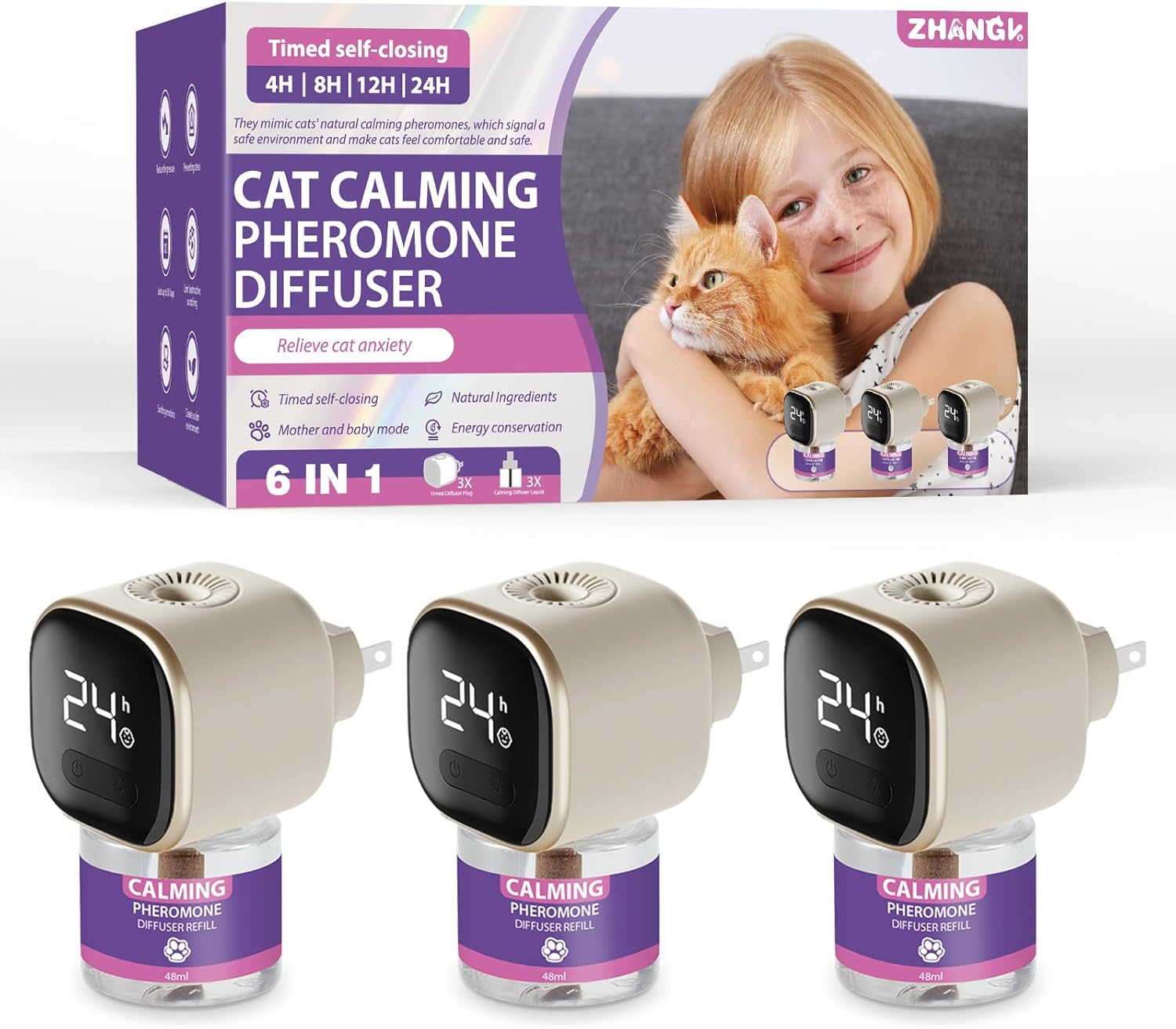 Multi Cat Calming Diffuser Relieve Stress Anxiety Cat Pheromones Calming Diffuser with Timing Function Cat Pheromone Diffuser 3 Pack Pheromones to Reduce Fighting Spraying and Scratching Fits All Cats