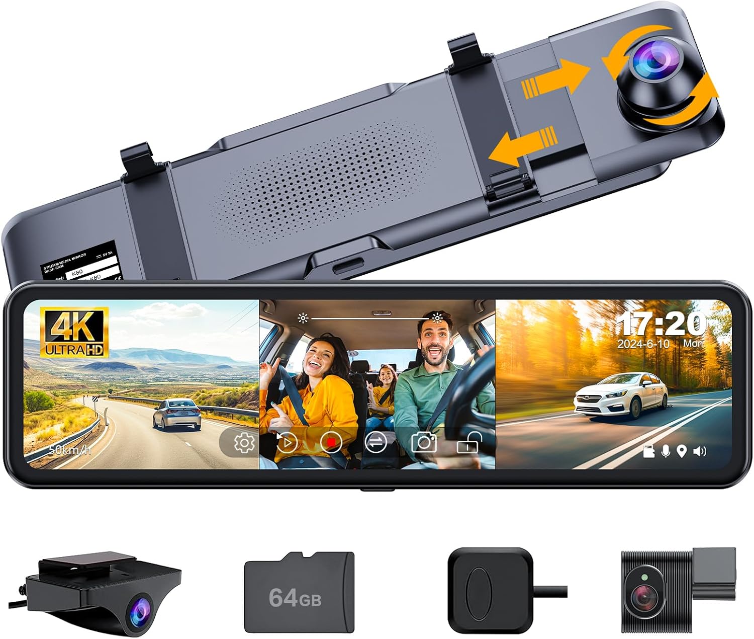 3 Channel 11" Mirror Dash Cam with Front 4K, in-Cabin & Rear 1080P Cameras, Enhanced Night Vision, G-Sensor & Parking Monitor, 64GB Card Included, Triple Rear View Mirror Camera for Cars & Trucks