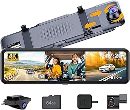 3 Channel 11" Mirror Dash Cam with Front 4K, in-Cabin & Rear 1080P Cameras, Enhanced Night Vision, G-Sensor & Parking Monitor, 64GB Card Included, Triple Rear View Mirror Camera for Cars & Trucks