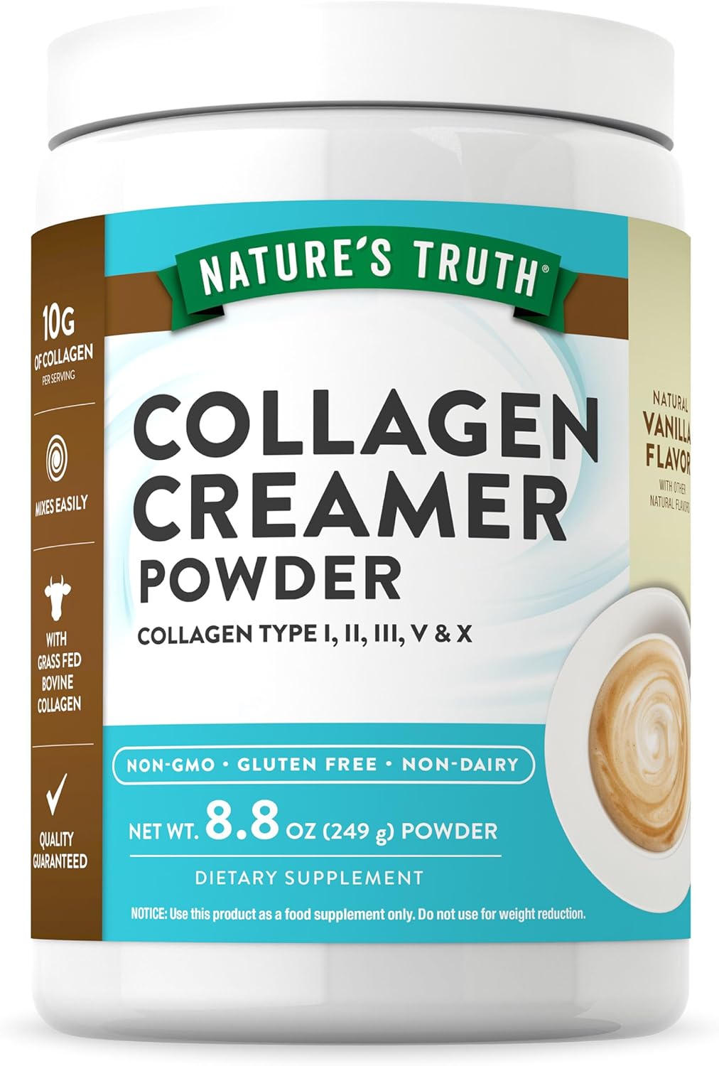 Nature's Truth Collagen Creamer for Coffee | 8.8 oz | Vanilla Flavor | Grass Fed Collagen Peptide Type I, II, III, V & X | Non-GMO & Gluten Free Protein Powder Supplement