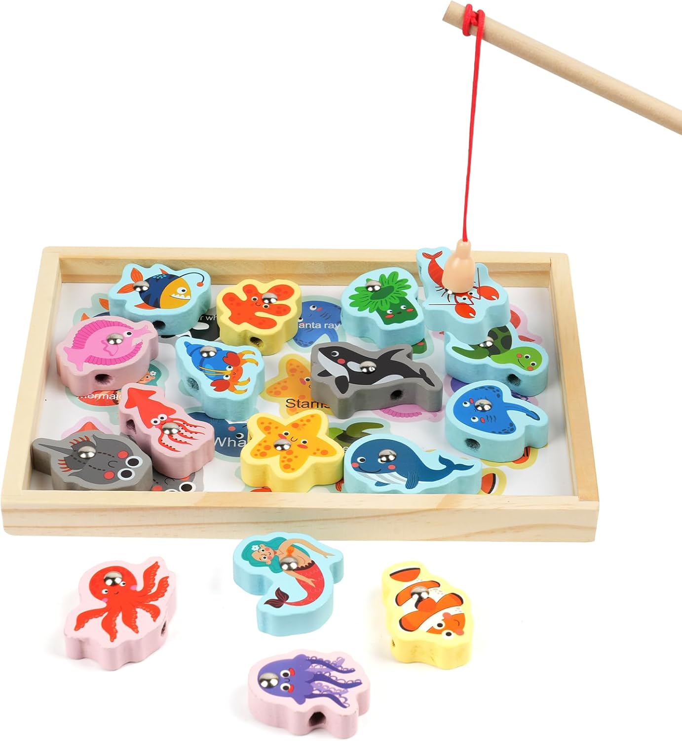 Vicloon Wooden Fishing Game, 19pcs Magnetic Fishing Game, Wooden Montessori Toys with Fish Rod for Kids 3+ Year Old Educational Learning Toys for Kids Beads Threading Game