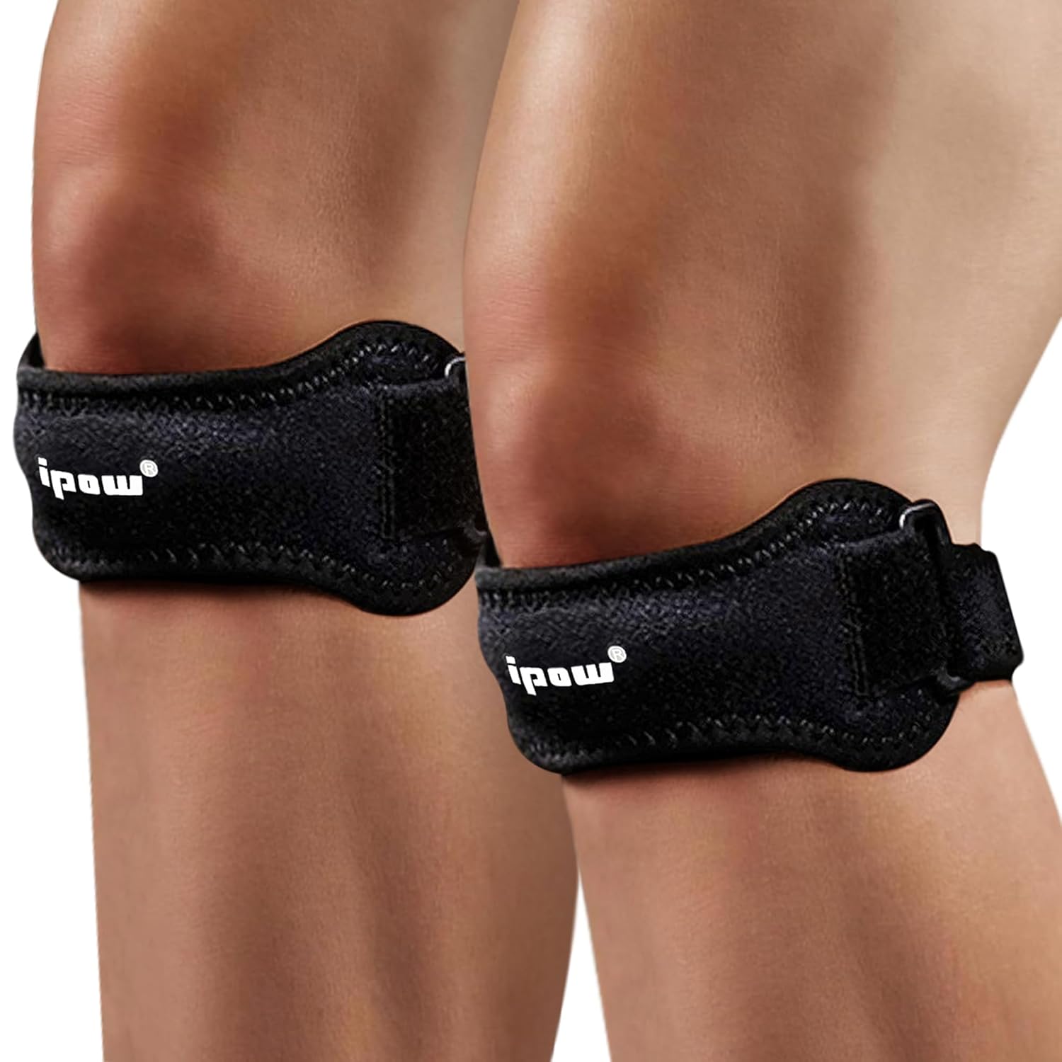 IPOW 2 Pack Knee Pain Relief & Patella Stabilizer Knee Strap Brace Support for Hiking, Soccer, Basketball, Running, Jumpers Knee, Tennis, Tendonitis, Volleyball & Squats, Black