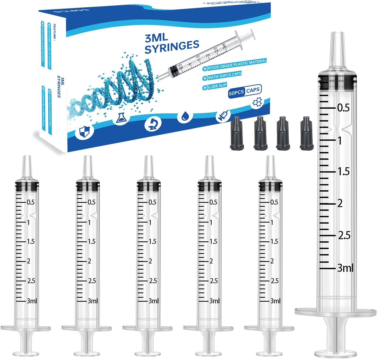 50Pcs 3ml Syringes With Caps for Refilling and Measuring Liquids, Scientific Labs, Plant Watering, Pet Feeding